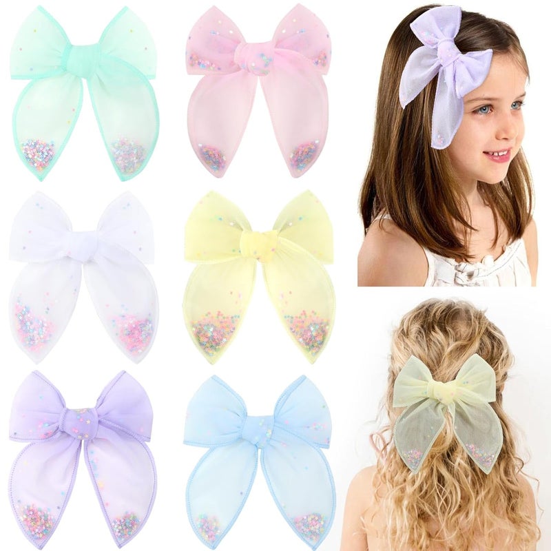 C.N. 6 PCS Tulle Hair Bows for Girls, Toddler Bows with Glitter Star Alligator, Colorful Hair Barrettes Wedding Hair Grips Accessories for Baby Girls Infants Toddler Teens Party (Type A) - Image 1